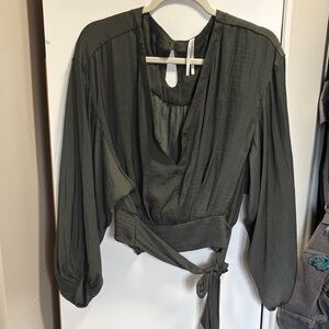 Anthropologie Green Satin Peasant Blouse